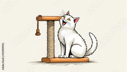 Playful white cat scratching a scratching post with enthusiasm on a soft background

