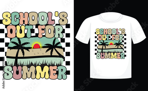 School's Out For Summer T-shirt, summer, vector, sun, design, beach, sea, horizontal, palm tree, fun, retro, travel, sunlight, t-shirt, vintage, sunset