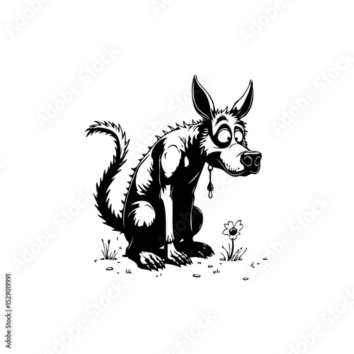 Cartoonish dog with big eyes sitting near a flower in black and white style