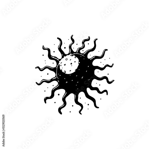 Enigmatic celestial body black and white drawing, ethereal celestial illustration