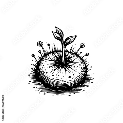Monochrome hand-drawn illustration of a sprouting plant for environmental themes