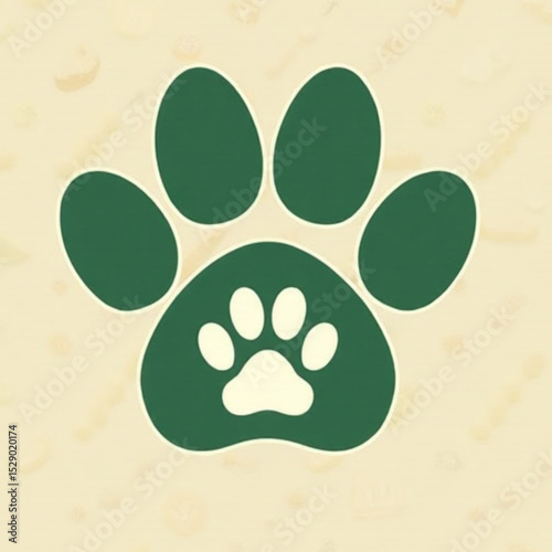 Stylized green paw print with a white inner paw mark on a soft yellow background. Love and care for pets.

