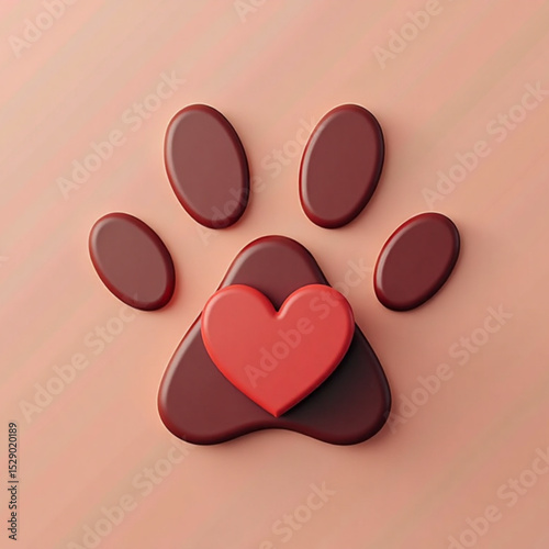 3D glossy paw print with a red heart in the center on a soft peach background. Love and care for pets.
