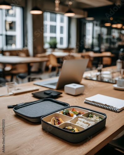 Lunchbox filled with colorful food items on a wooden table in a modern office environment