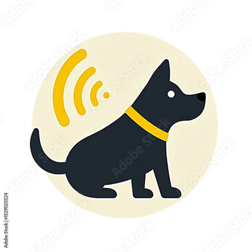 Stylized black dog with a collar and sound waves symbolizing barking 