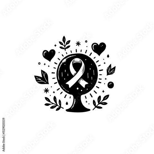 Monochrome symbol for breast cancer awareness with ribbon and hearts illustration