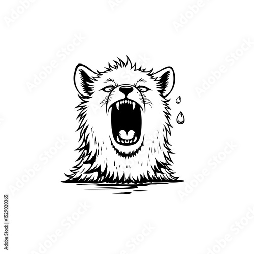 Ferocious wolf illustration with aggressive expression and sharp teeth in black and white