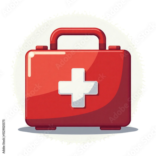 Shiny red first aid kit with a white cross symbol 