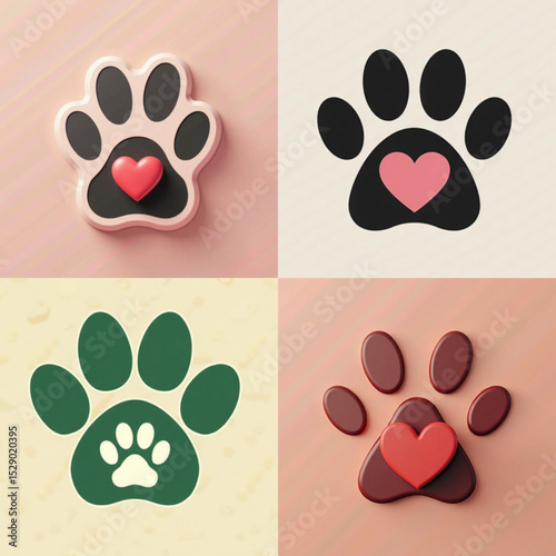 Collage of four colorful paw prints featuring hearts in different styles on a soft background