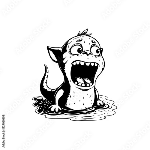Surprised Cartoon Monster Creature in Water, Black and White Illustration