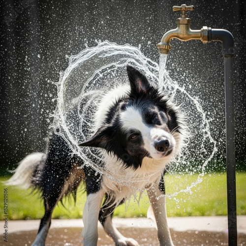 In the heat of summer, the dog showered under the faucet, then shook off all the water.