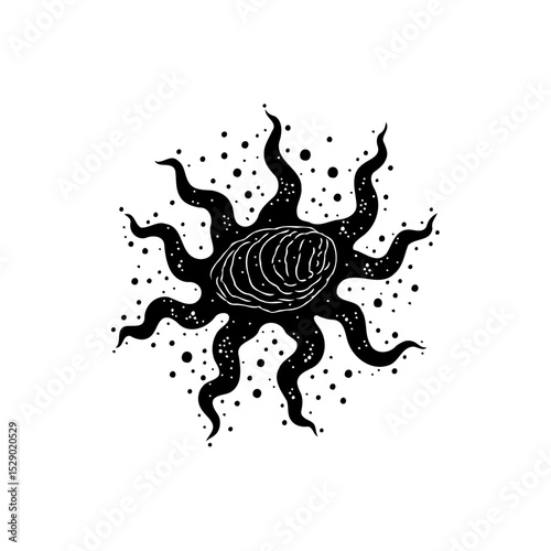 Abstract Black and White Sun Illustration with Tentacles and Decorative Dots