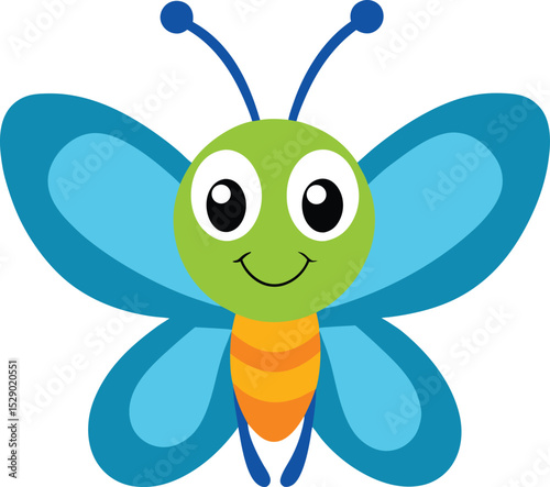 A happy cartoon butterfly with big eyes, green face, and blue wings, designed for children’s content, storybooks, and fun educational materials.