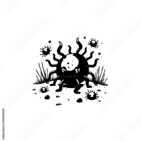 Whimsical Corona Virus Silhouette Illustration on White Background with surrounding virus