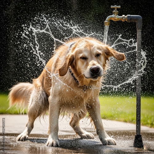 A golden retriever dog happily shakes off water, creating splashes around its head, while being bathed outdoors by a water faucet