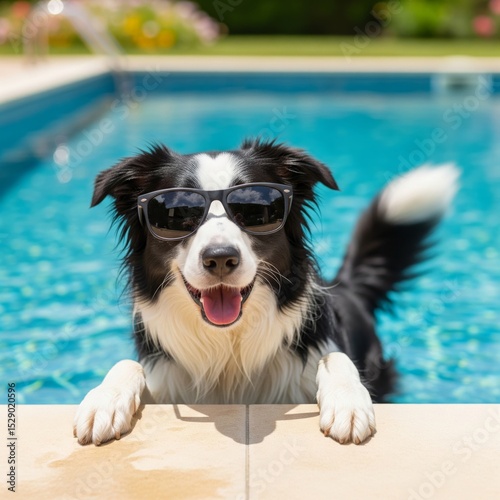 A cool border collie dog wearing sunglasses is happily resting on the edge of a swimming pool on a sunny day