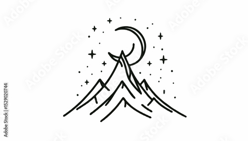 A mountain silhouette in black and white, with a glowing moon and twinkling stars above