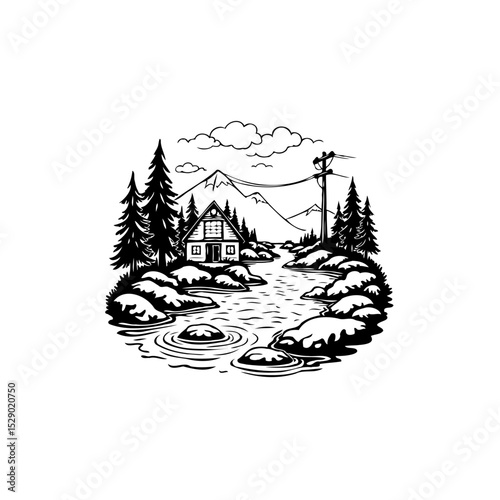 Serene monochrome landscape featuring a cozy cabin nestled by a flowing river stream