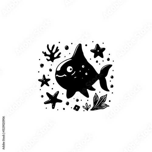 Cute Black and White Cartoon Shark Illustration with Starfish and Seaweed Design