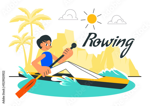People Enjoying Rowing Vector Illustration Featuring Canoes and Sailing on a River or Lake as Part of Active Water Sports in a Flat Style Background