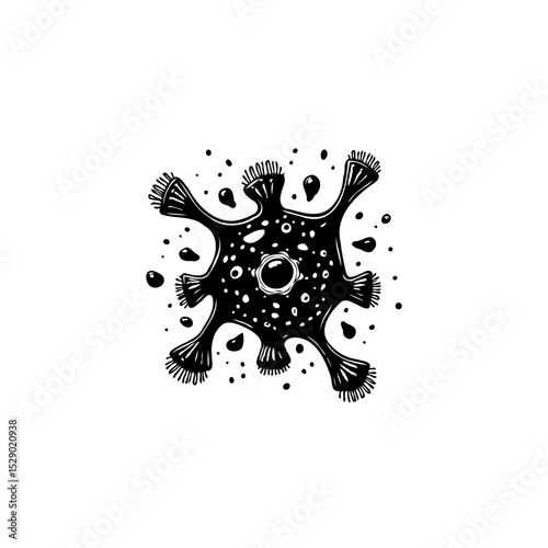 Black and White Depiction of a Microscopic Organism with Radial Arms and Spots