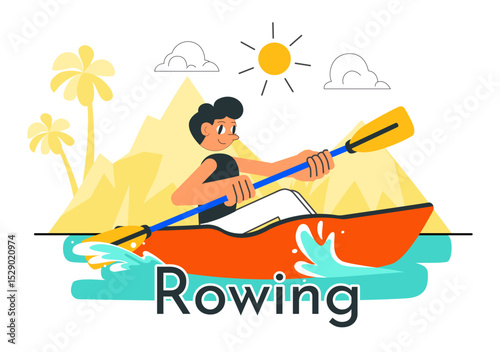 People Enjoying Rowing Vector Illustration Featuring Canoes and Sailing on a River or Lake as Part of Active Water Sports in a Flat Style Background