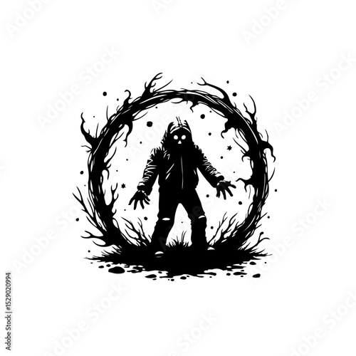 Dark Figure Enclosed in Branch Circle: A Symbolic Image of Isolation and Mystery
