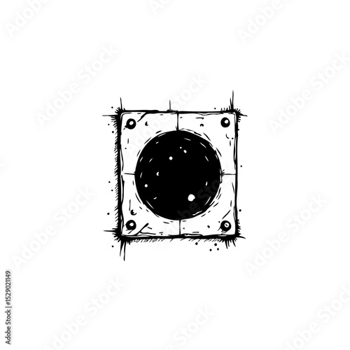 Abstract dark portal illustration with square frame and celestial orb design