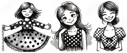Polka-Dot Parade: A Playful Line Art Trio linework ink sketch hand drawn pen drawing vector illustration background