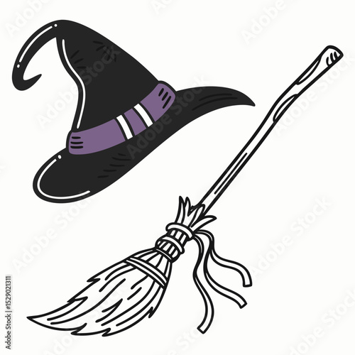 Witch hat and magic broom combo icon