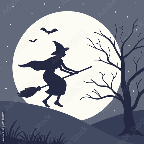 Witch flying on a broom under a full moon silhouette