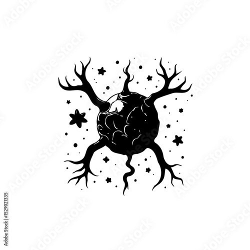 Eerie Black and White Illustration of a Tentacled Sphere Amidst Starry Embellishments
