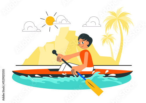 People Enjoying Rowing Vector Illustration Featuring Canoes and Sailing on a River or Lake as Part of Active Water Sports in a Flat Style Background