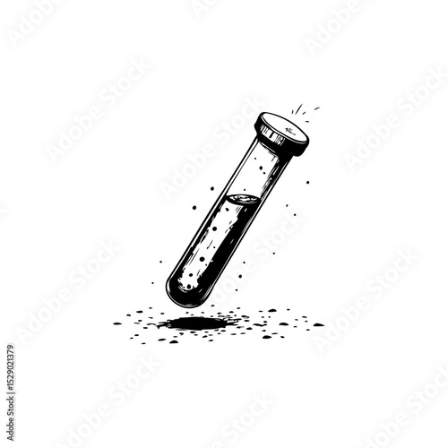 Elegant monochrome illustration of a laboratory test tube with liquid spilling out