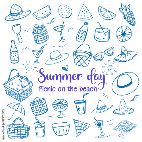 Summer vacation collection Picnic on the Beach Hand Drawn Doodle Style