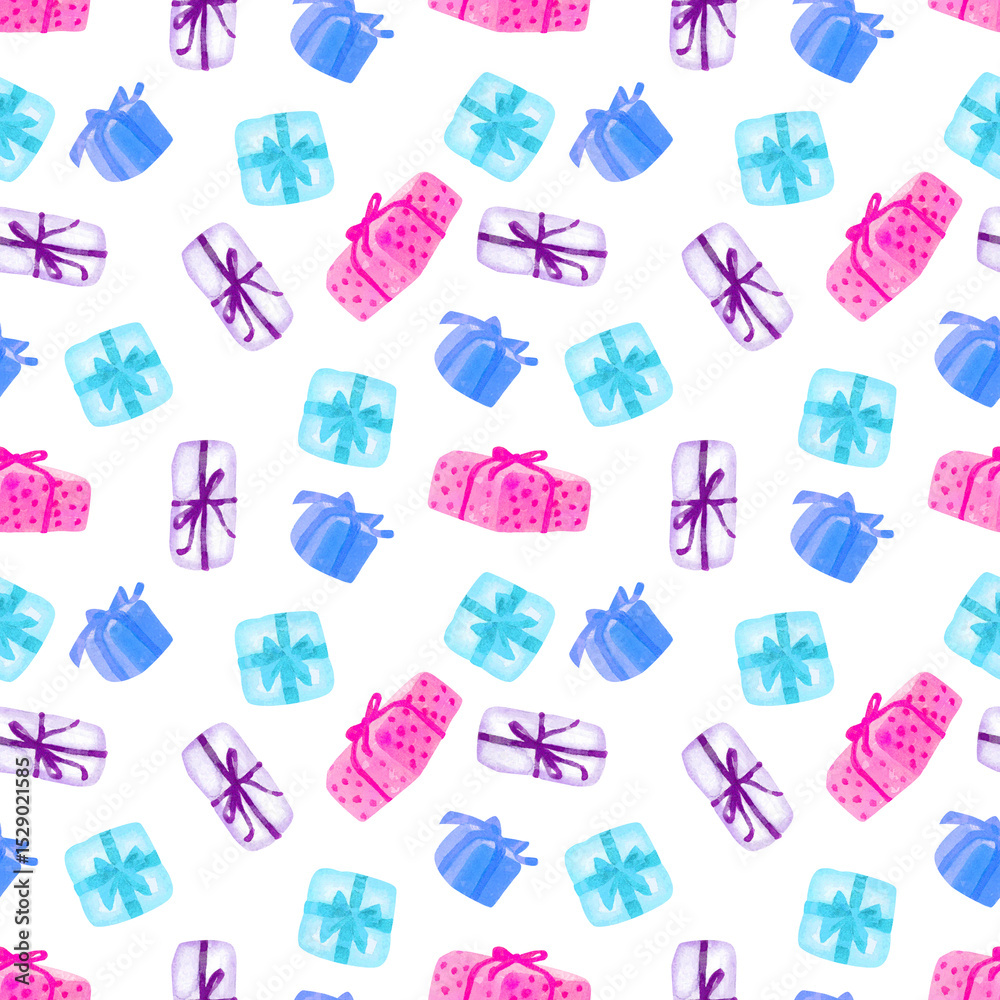 Fototapeta premium Watercolor seamless pattern of lilac and pink gift boxes