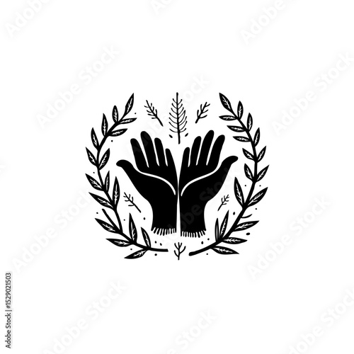 Hands holding and protecting, surrounded by a decorative leafy wreath design