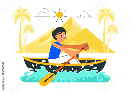 People Enjoying Rowing Vector Illustration Featuring Canoes and Sailing on a River or Lake as Part of Active Water Sports in a Flat Style Background