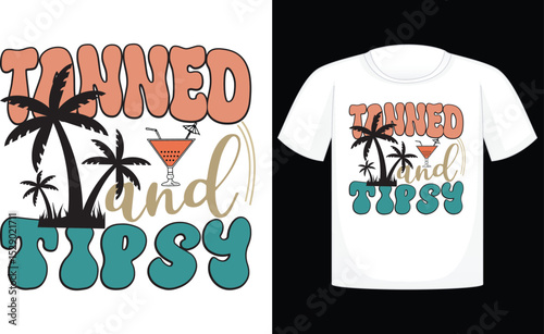 Tanned And Tipsy T-shirt, summer, vector, sun, design, beach, sea, horizontal, palm tree, fun, retro, travel, sunlight, t-shirt, vintage, sunset