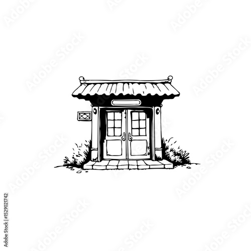 Minimalist drawing of a traditional Asian-style doorway with a tiled roof and stone path