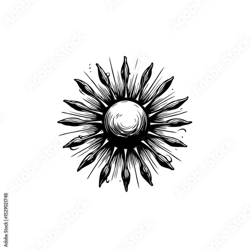 Monochromatic sun illustration in a vintage engraving style for creative designs