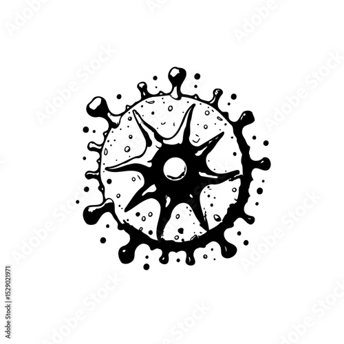 Conceptual black and white illustration of a virus cell under a microscope