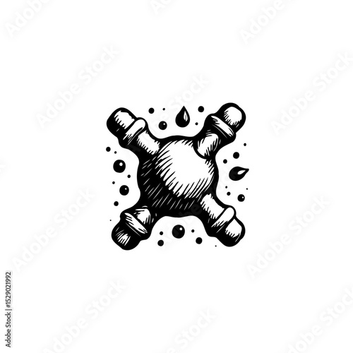 Intricate black and white drawing featuring a water faucet with surrounding droplets