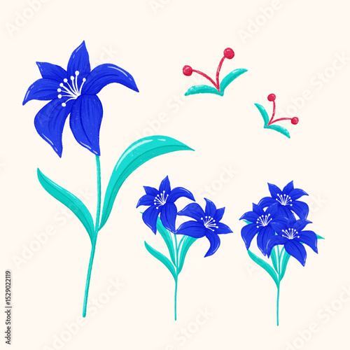 Set Of Floral Decoration Art In Blue Color Handdrawing Texture