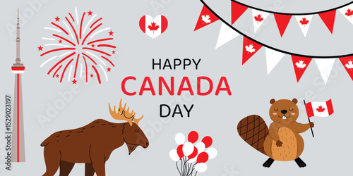 Happy Canada Day illustration with national symbols: moose, beaver, maple leaf bunting, Canadian flag, balloonsr and fireworks. Cute vector celebration poster for July 1.
