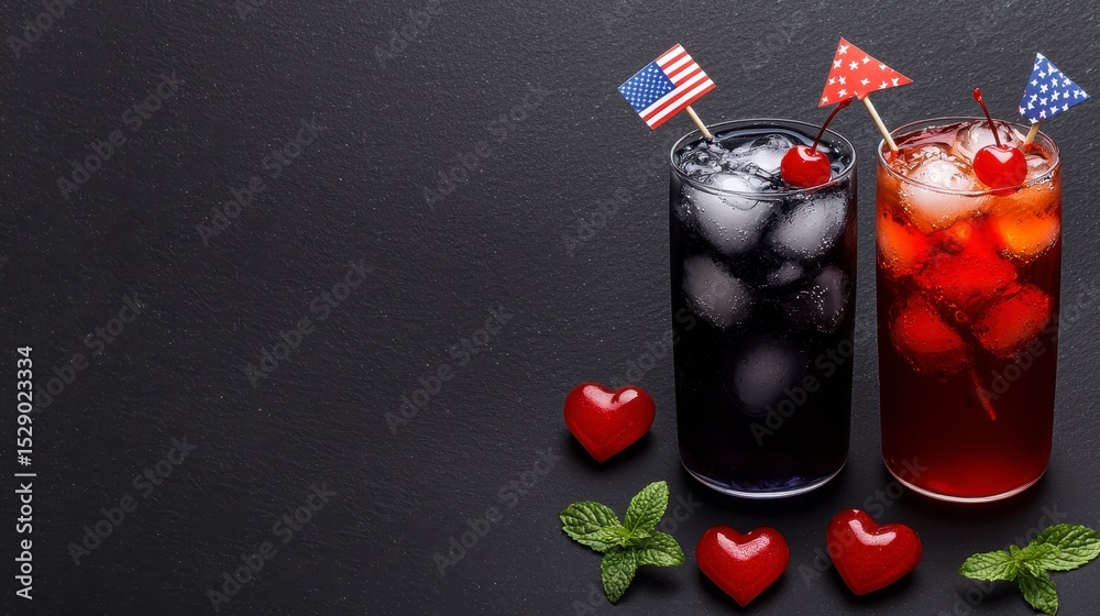 Obraz premium Festive red white and blue summer drinks with ice and cherry garnish with small decorative flag perfect for Fourth of July celebration. Patriotic beverage recipes ideal for july