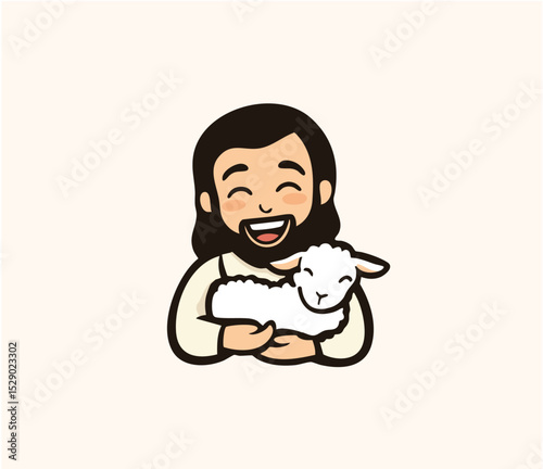 Vector of Jesus smiling while holding a white lamb 