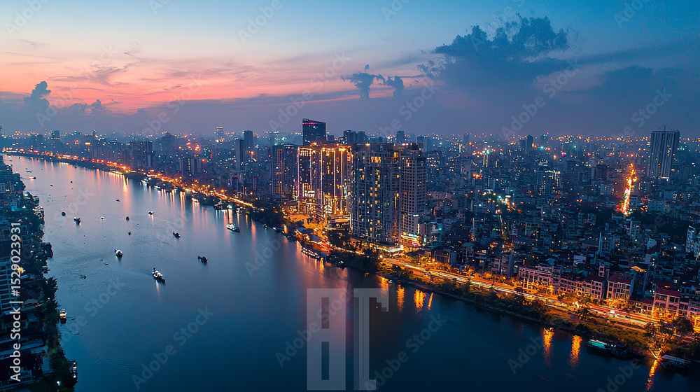 Fototapeta premium A majestic aerial view of towering mountain peaks and lush green valleys with a winding river, under a clear blue sky, capturing the serene and vibrant beauty of nature.