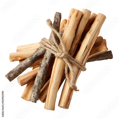 Wallpaper Mural Palo Santo Bundle: An elegant arrangement of Palo Santo wood sticks, delicately bound with natural twine, showcasing their unique textures, warm tones. Torontodigital.ca