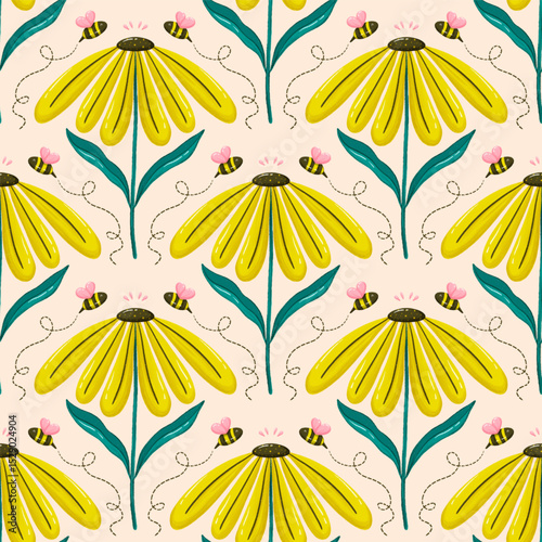 Cute Yellow Floral With Bee Seamless Pattern Background Fabric Textile Design
